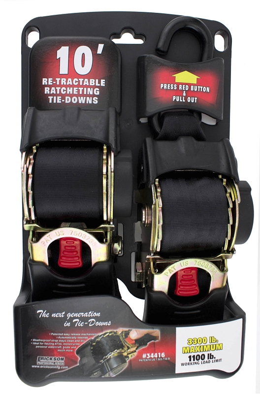 Erickson Professional 34416 Tie-Down Strap, 2 in W, 10 ft L, Black, 1100 lb Working Load, S-Hook End